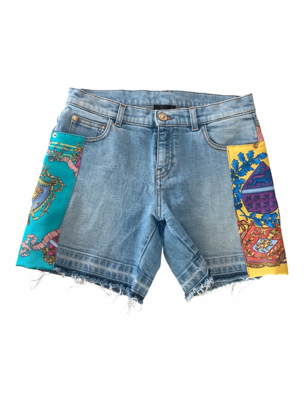 Versace Light Blue Denim Shorts with Turquoise and Yellow Print Panels